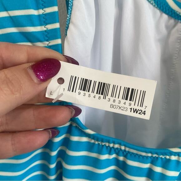 Amazon Essentials Blue White Striped One Piece Swimsuit NWT Size Large - Picture 4 of 7
